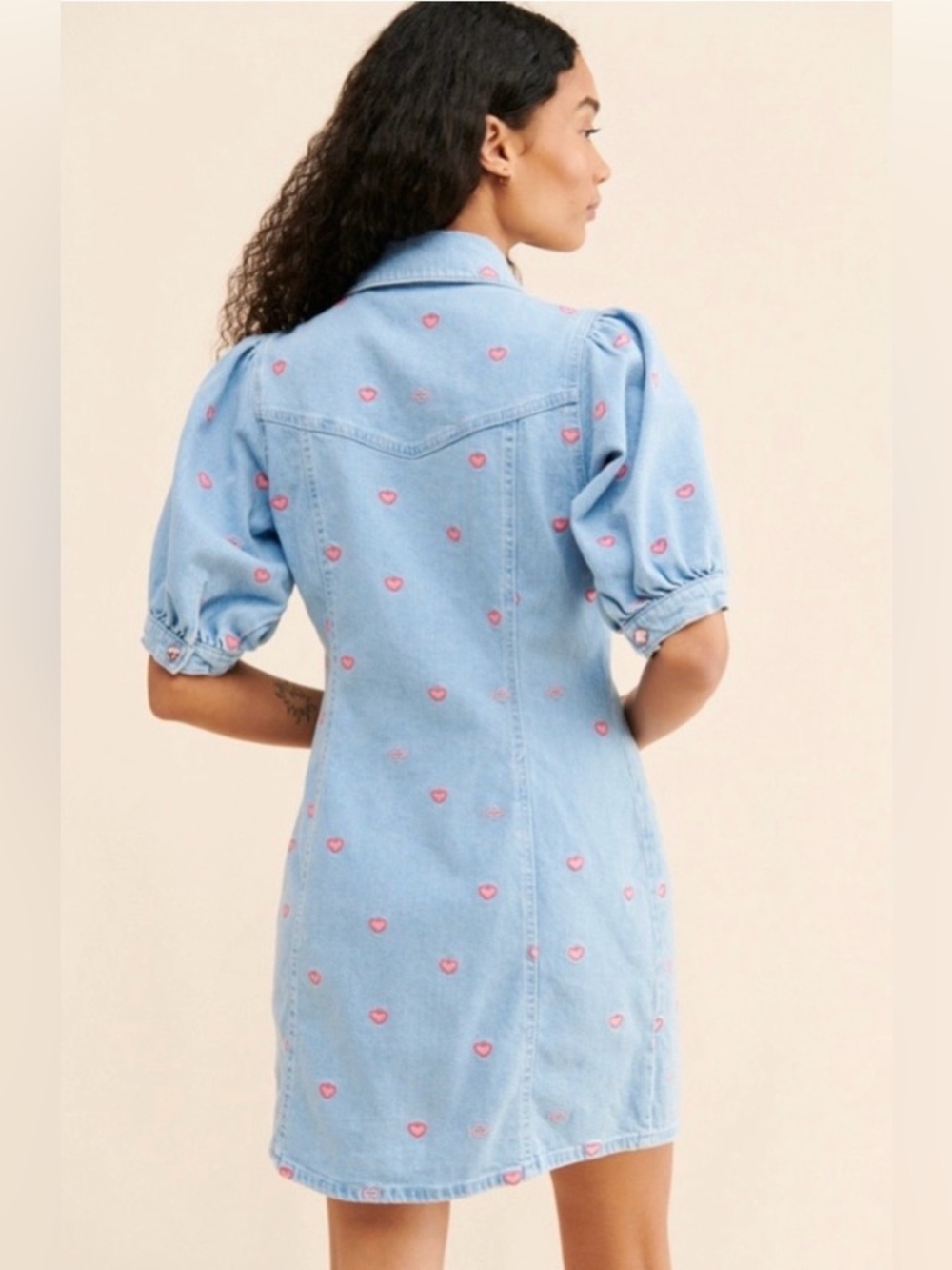Crās Patti Denim Mini Dress Light Blue Pink Hearts  size XL 🩷 - Picture 3 of 15